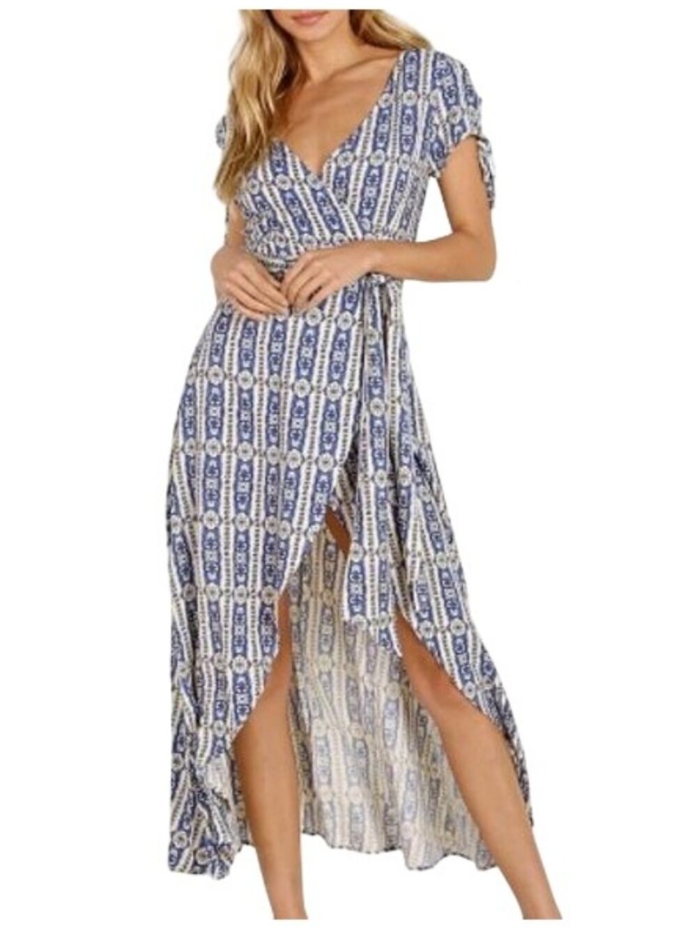 Cleobella Almudena Printed Wrap Dress Azure, Size XS